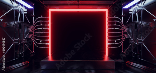 Sci Fi Futuristic Alien Spaceship Room Stage Neon Glowing Red Frame Rectangle With Connected Cables And Devices Empty Space Showcase Garage 3D Rendering