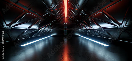 Fototapeta Naklejka Na Ścianę i Meble -  Sci Fi Futuristic Triangle Shaped Alien Spaceship Metal Planes Tunnel Corridor Orange White Led Lights Glossy Floor Empty Space Showroom 3D Rendering