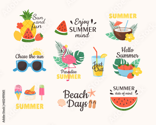 Summer set lettering labels with elements beach vacation and travel. Tropical fruit  drink  sun  signs for sticker  card  poster. Vector colored illustration collection