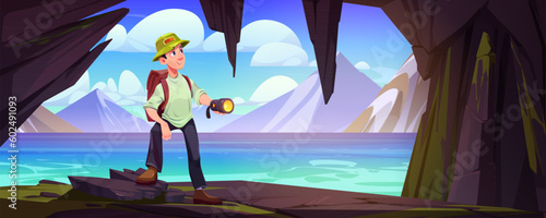 Mountain landscape from cave view with man inside vector background. Explorer character with backpack in grotto adventure near lake water. Male researcher looking for fantasy secret place illustration