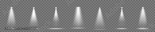 Creative vector illustration of bright lighting spotlights set, light sources isolated on transparent background. Spot lighting of the stage. Vector illustration