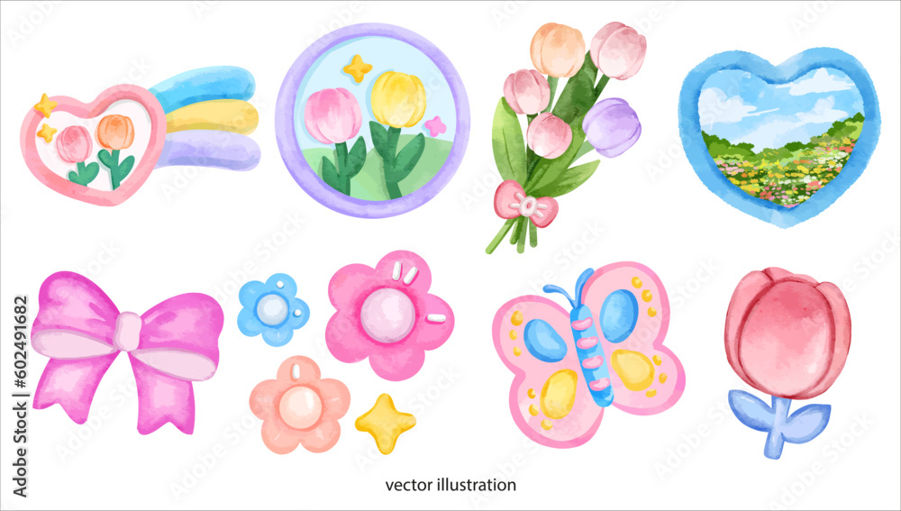 cute tulip moon sky bloom decoration watercolor vector illustration 