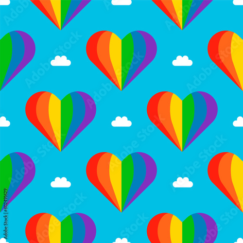 Seamless Pattern Background BG Rainbow Heart. Love and Dream in Pride Month. Multicolored LGBT LGBTQIA Balloon and Blue Sky and White Cloud. Colorful Wrapping  LGBT+ Geometric Wallpaper.