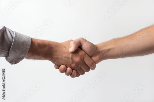 Two business people shaking hands white background, Generative AI © Sasint