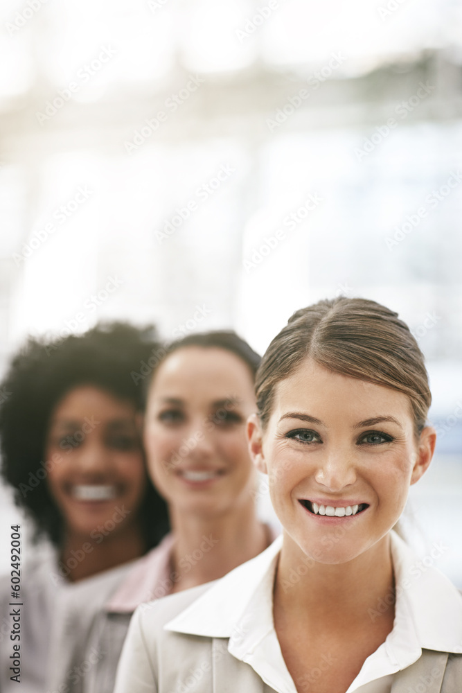 Fototapeta premium Business people, face and woman management with team in portrait, smile with professional collaboration and mockup space. Company community, success and career mindset with group of female employees
