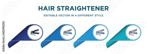 hair straightener icon in 4 different styles such as filled, color, glyph, colorful, lineal color. set of vector for web, mobile, ui