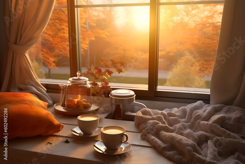 a cup of coffee sitting on a table next to a window