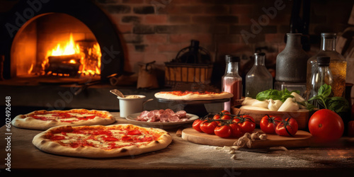 Italian restaurant kitchen interior with traditional wood fired brick oven, fresh pizzas and ingredients on the table. Generative AI