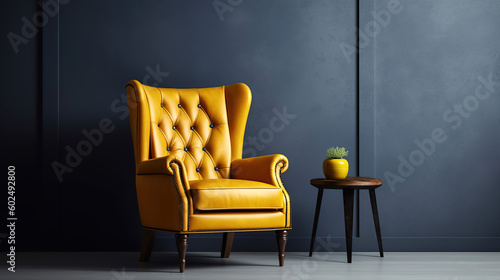 A beautiful and stylish yellow leather armchair in front of a dark grey empty wall. Generative Ai