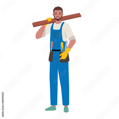 Handyman holding a wooden board