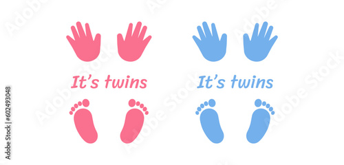 Baby footsteps of hand and leg. Newborn  twins.It's boy and girl. Twin icon. Heart frame shape.