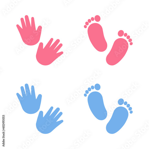 Baby footsteps of hand and leg. Newborn  twins.It's boy and girl. Twin icon. Heart frame shape.