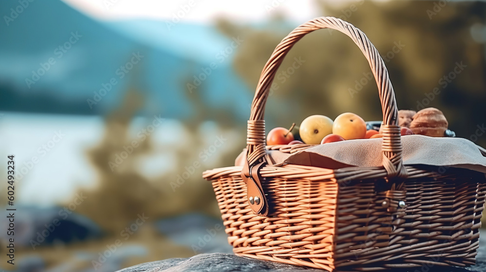 Against the background of picturesque autumn nature, a straw picnic basket on a simple wooden table. Country style. Close-up. The concept is rest, picnic. Banner, poster, postcard. Generative Ai Against the background of picturesque autumn nature, a straw picnic basket on a simple wooden table. Country style. Close-up. The concept is rest, picnic. Banner, poster, postcard. Generative Ai