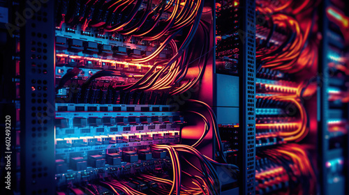 Network panel, switch and cable in data center. Generative Ai