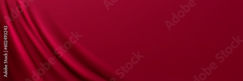 Background of magenta satin cloth texture. Abstract backdrop with soft silk fabric, bright red curtains or elegant smooth material, vector realistic illustration