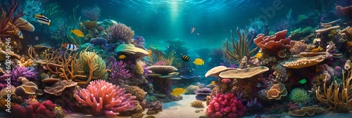 a painting of an underwater scene with corals and fish