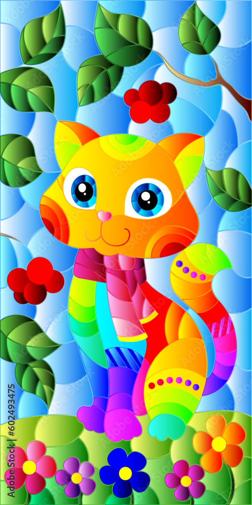 Stained glass illustration with bright cartoon cat against a blue sky and  berryes, rectangular image
