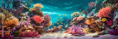 a painting of an underwater scene with corals and fish