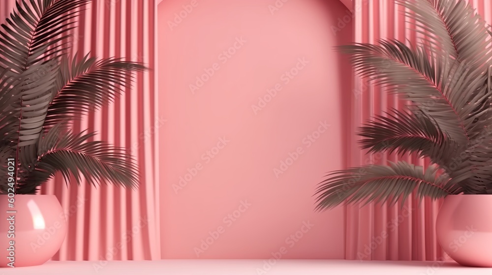 Abstract pink color gradient studio background for product presentation. Empty room with shadows of window and flowers and palm leaves . 3d room with copy space. Summer concert.  generative ai