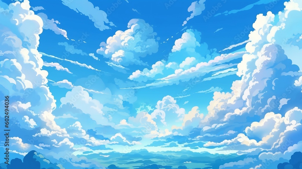 Blue sky with clouds. Anime style background with shining sun and white ...