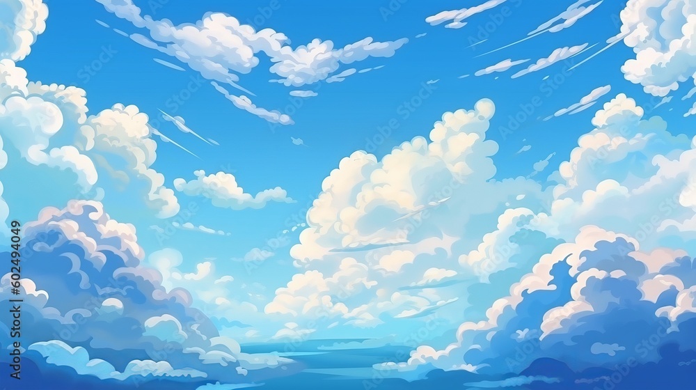 Blue sky with clouds. Anime style background with shining sun and white ...