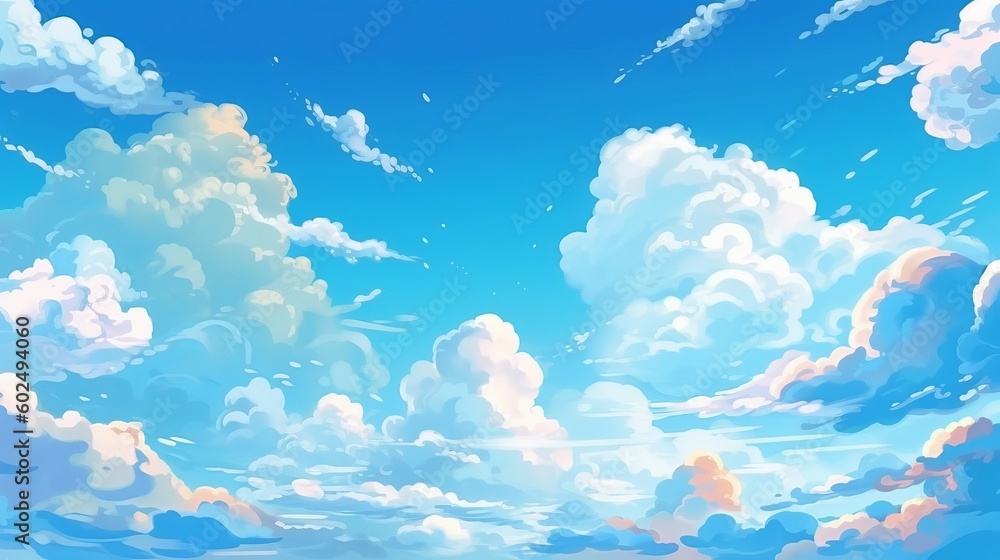 Obraz premium An anime-style illustration depicting a blue sky with clouds and a shining sun