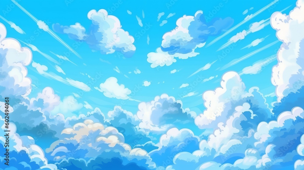 Blue sky with clouds. Anime style background with shining sun and white ...