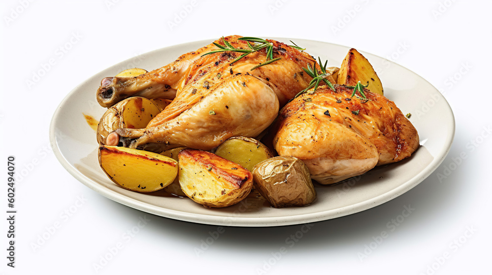 Roasted chicken and potatoes on white plate, white isolated background, generative ai Roasted chicken and potatoes on white plate, white isolated background, generative ai