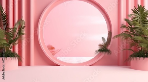 Abstract pink color gradient studio background for product presentation. Empty room with shadows of window and flowers and palm leaves . 3d room with copy space. Summer concert. generative ai