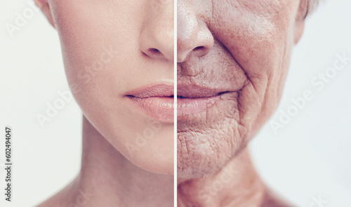 Comparison, old and young women faces in studio for skincare, wrinkles and anti aging care. Face, mouth and half closeup of different ladies with youth, fine lines or cosmetic results for skin change