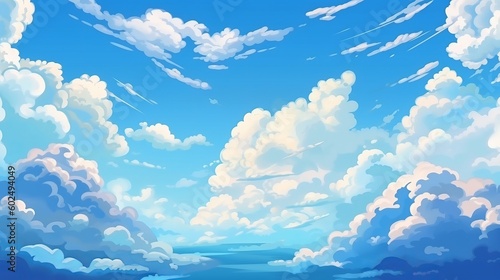 Blue sky with clouds. Anime style background with shining sun and white fluffy clouds. Sunny day sky scene cartoon vector illustration. Heavens with bright weather, generative ai
