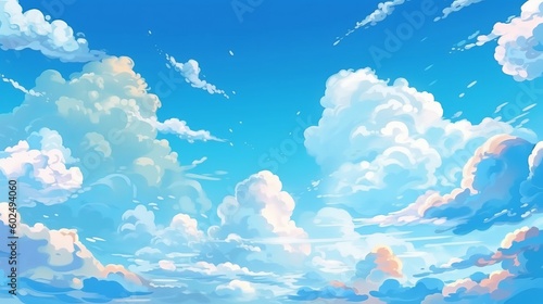 An anime-style illustration depicting a blue sky with clouds and a shining sun