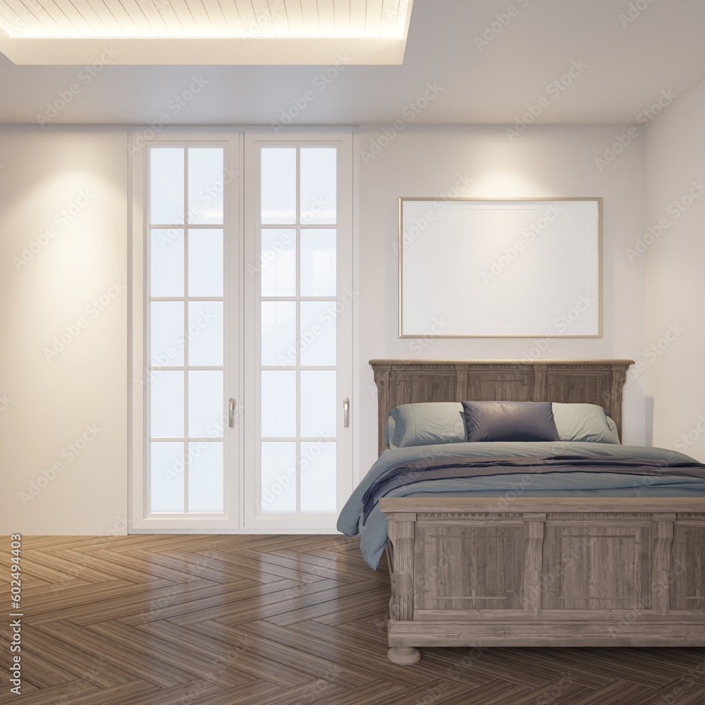 Interior mock up style modern small bedroom. Wall mounted near the door with a picture frame above the headboard.3d rendering Interior mock up style modern small bedroom. Wall mounted near the door with a picture frame above the headboard.3d rendering
