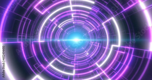 Abstract purple glowing neon laser tunnel futuristic hi-tech with energy lines, abstract background