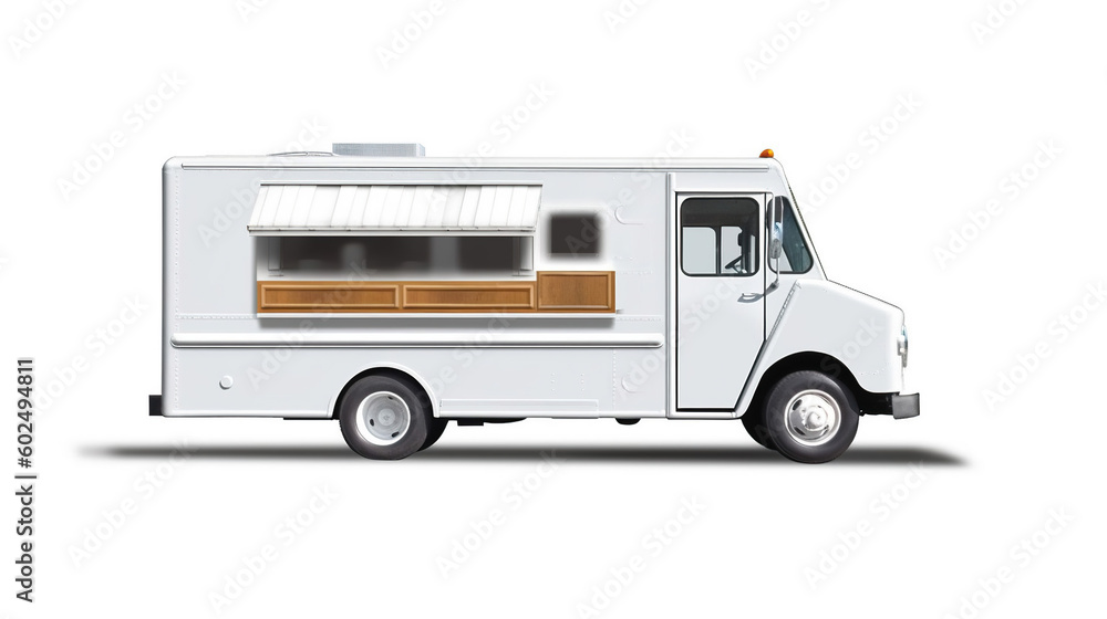 Blank food truck concept - fictional and imaginary food truck mockup ready for your branding. Created by generative AI Blank food truck concept - fictional and imaginary food truck mockup ready for your branding. Created by generative AI