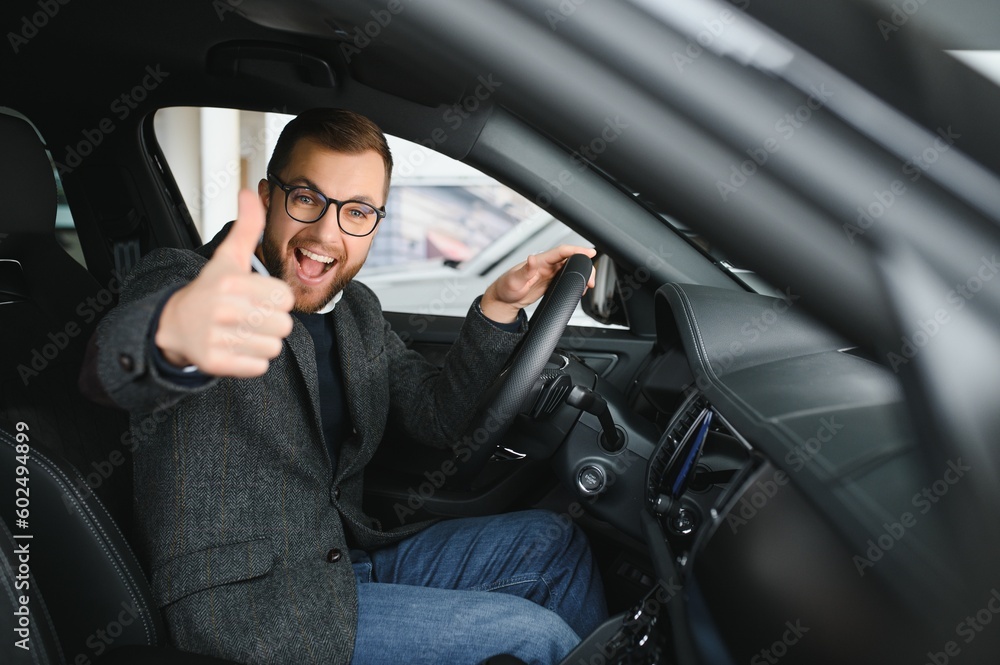 His true love. Portrait of a mature man smiling happily sitting in a brand new car - obrazy, fototapety, plakaty 