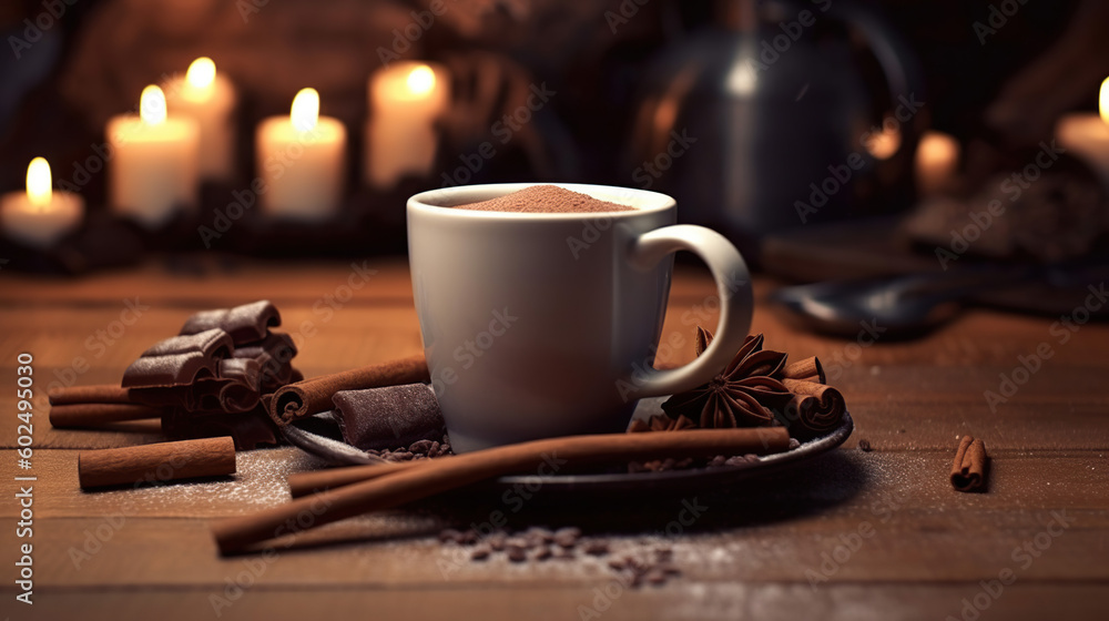 Hot chocolate in a cup, pieces of chocolate and cinnamon, generative ai Hot chocolate in a cup, pieces of chocolate and cinnamon, generative ai