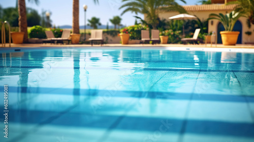 Empty poolside surface with summer travel hotel swimming pool background. Generative Ai