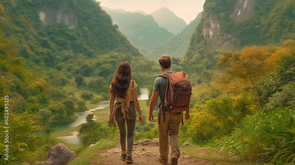 A couple walking down a path with a mountain in the background