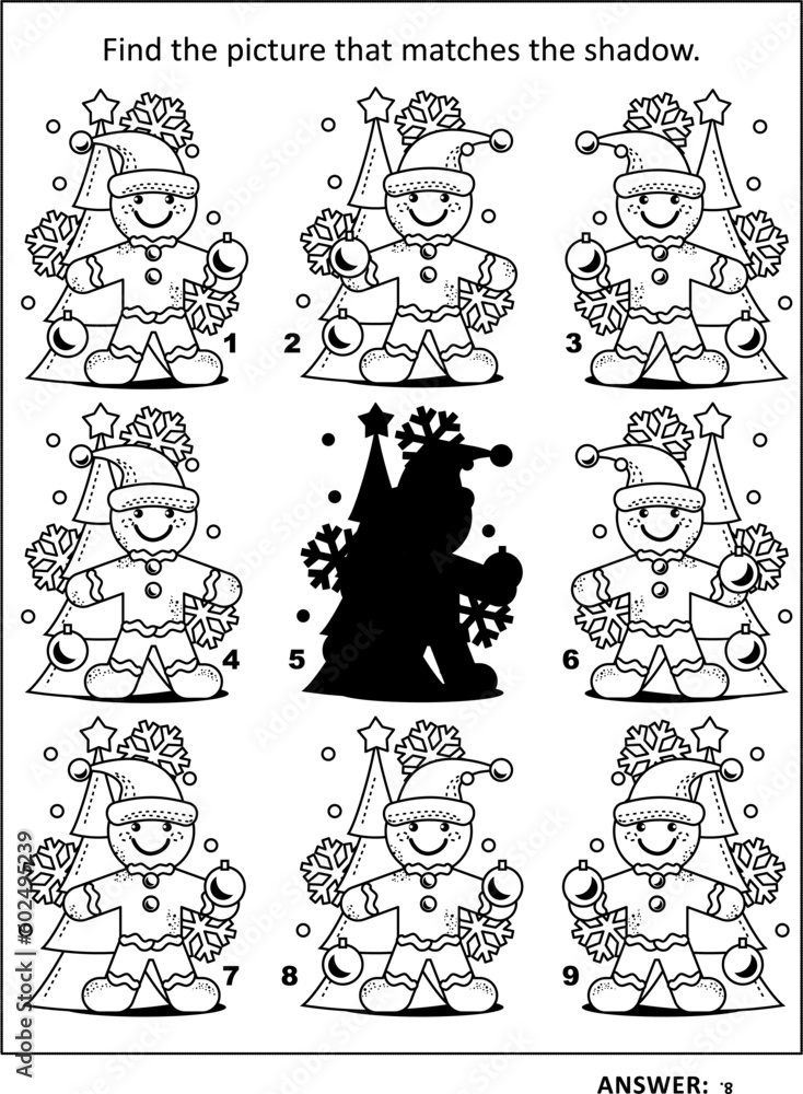 Naklejka premium Shadow game with cute gingerbread man decorating christmas tree: Find the picture that matches the shadow. Answer included. 