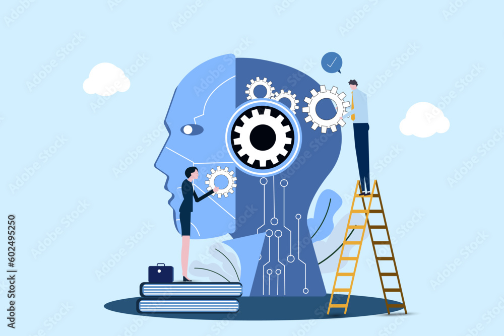 Businessman or businesswoman with Gears at Huge Cyborg Head. Artificial ...