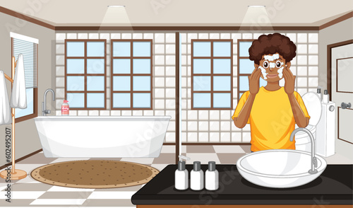 A male teen cleaning face at the sink