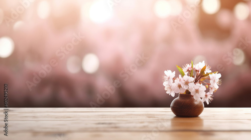 Empty wooden table top product display showcase stage with spring cherry blossom background. Generative ai © rorozoa