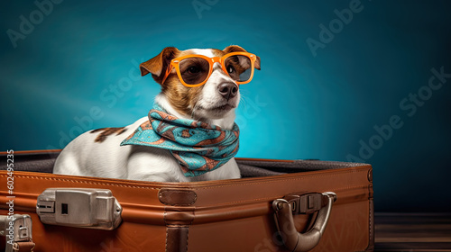 summer vacation dog in bag full of holiday items Generative AI
