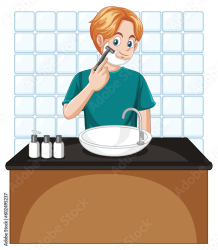 A male teen shaving beard
