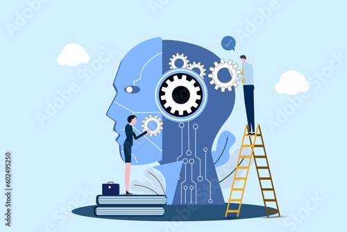 Businessman or businesswoman  with Gears at Huge Cyborg Head. Artificial Intelligence, Machine Learning and Training Concept, Robotic Process Automatization, Ai. Cartoon People Vector Illustration.