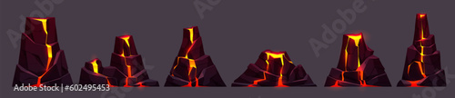 Magic prehistoric volcano stone mountain with lava isolated cartoon vector set. 2d fantasy earth eruption different volcanic rock collection with hot magma flow. Molten plasma burn illustration