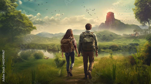 A couple walking down a path with a mountain in the background © DLC Studio