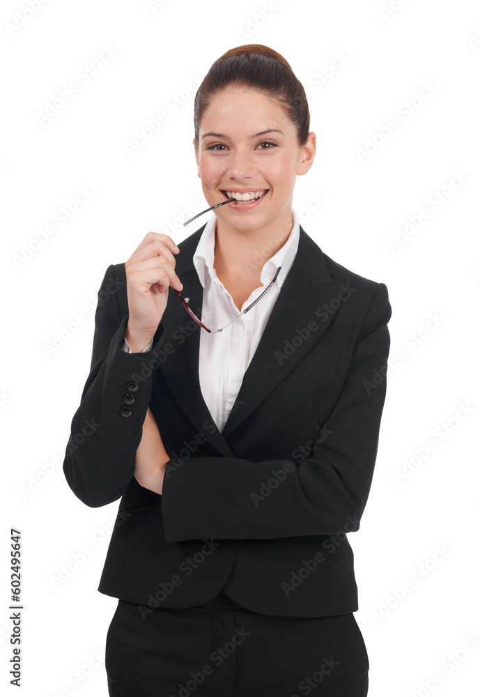 Portrait, studio glasses and business woman with smile for corporate work, professional success or job career growth. Confidence, real estate agent and happy realtor isolated on white background
