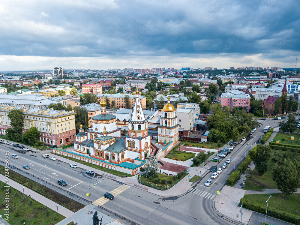 Russia, Irkutsk. The Cathedral of the Epiphany of the Lord. Orthodox Church, Catholic Church. Aerial Photography